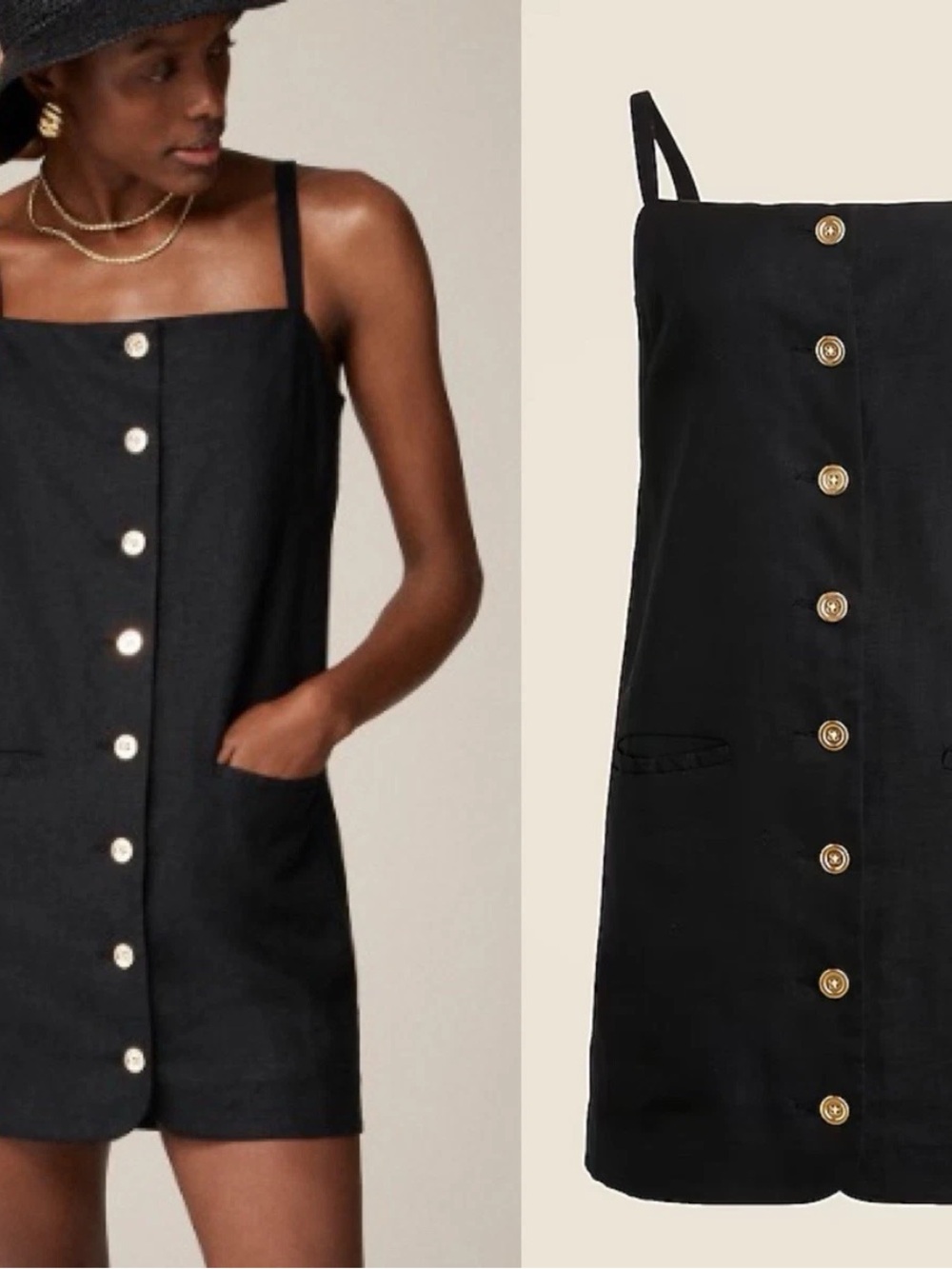J. Crew Claudia Dress - Black Linen Mini Dress with Gold Buttons